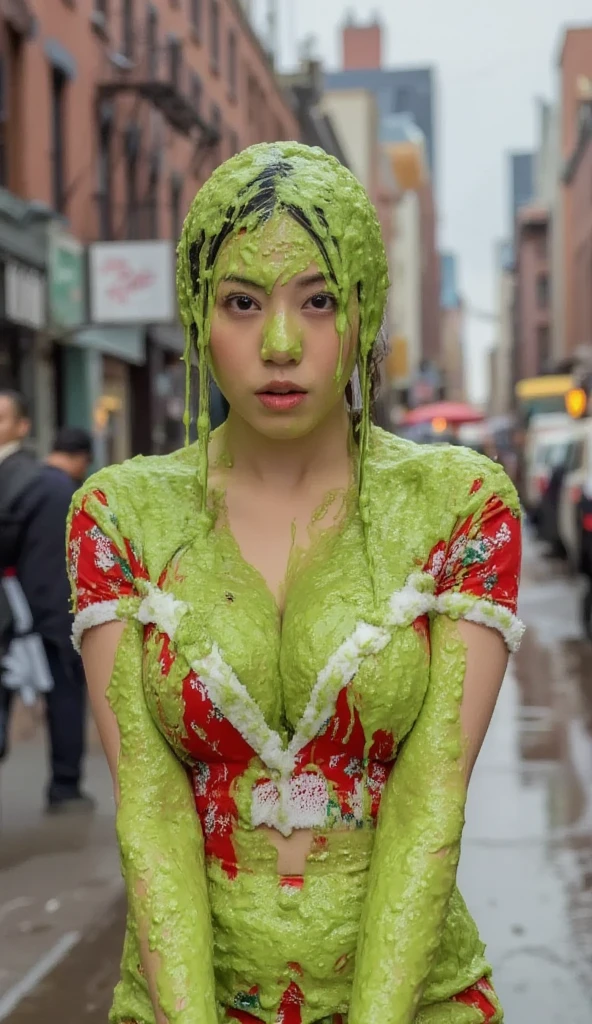 DSLR photograph. Beautiful Chinese woman covered in green water. Photorealistic. Wet liquid. Nasty slime. Raw photo. New York City streets. Daytime. Green Slime. Dripping green goo. 21 years old. (Asian: 1.1). Green water. Portrait photo. Beautiful Asian face. Santababe. Santa dress. Cleavage.