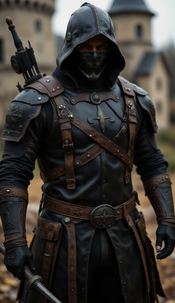 A full-body image of a muscular adult male.black leather full-body image 、face mask and mask hood, .black Skull Tactical Messenger Face Mask.a hooded person in invisible armor . wears leather armor, Tights.epic ninja suit, rogue.Leather fit to cover the whole body. smooth leather .Boy Teenage Assassin , stealth suit , Another World assassin , stand on the roof of a castle. . black night . Dark atmosphere .Low light.Weak lights cast dramatic shadows. Weird Another World atmosphere . Another World city. .whole body image.Handheld composite mechanical giant bow.full body photo.FANTASY
