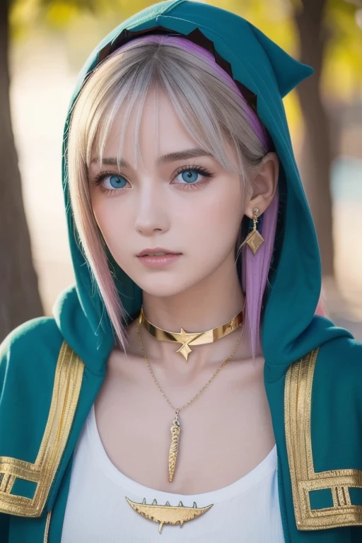 (masterpiece,  top quality ),   complicated details,,  One girl ,     mouth,  multi-colored hair ,  blue eyes, Shark hair accessory,  Gold Hair Ornament , gold choker,  gold jewelry ,  Sharp teeth, Green, blue hoodie,,  Greek clothing, Peplos,