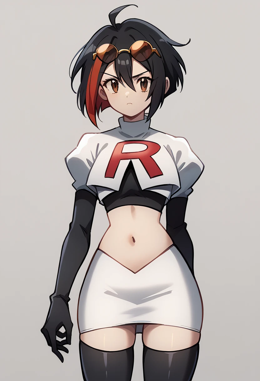 (score_9,score_8_up,score_7_up,),uncensored,DL_GQ,solo,1girl,black hair,eyewear on head,multicolored hair,short hair,red hair,brown eyes,ahoge,streaked hair,team rocket,team rocket uniform,white skirt,red letter R,crop top,black thigh-highs,black elbow gloves,cowboy_shot,