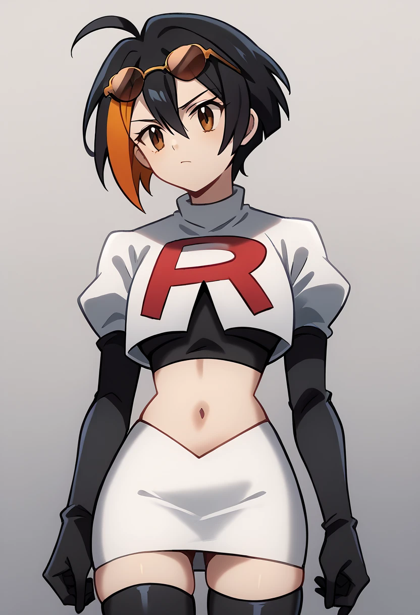 (score_9,score_8_up,score_7_up,),uncensored,DL_GQ,solo,1girl,black hair,eyewear on head,multicolored hair,short hair,red hair,brown eyes,ahoge,streaked hair,team rocket,team rocket uniform,white skirt,red letter R,crop top,black thigh-highs,black elbow gloves,cowboy_shot,