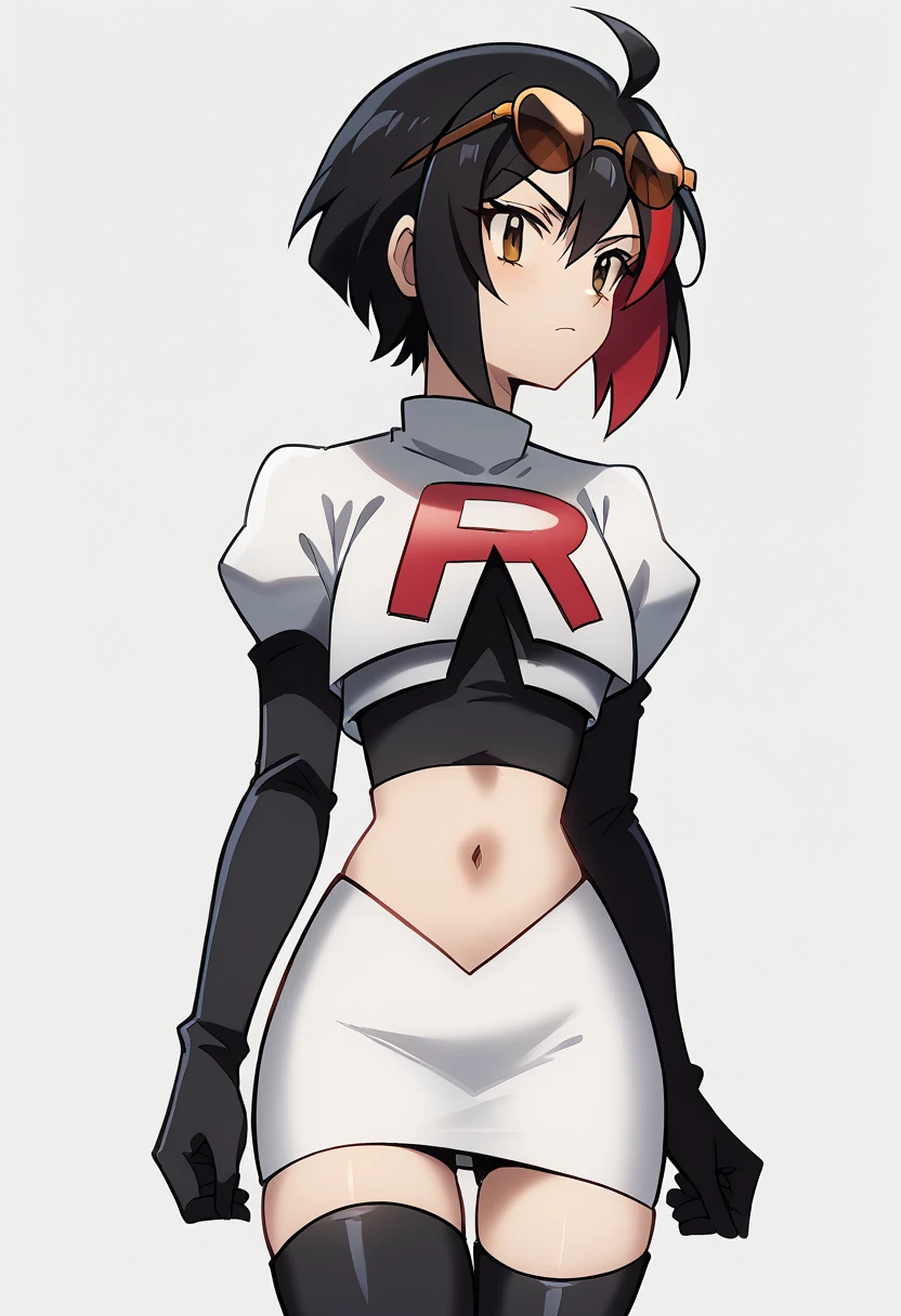 (score_9,score_8_up,score_7_up,),uncensored,DL_GQ,solo,1girl,black hair,eyewear on head,multicolored hair,short hair,red hair,brown eyes,ahoge,streaked hair,team rocket,team rocket uniform,white skirt,red letter R,crop top,black thigh-highs,black elbow gloves,cowboy_shot,