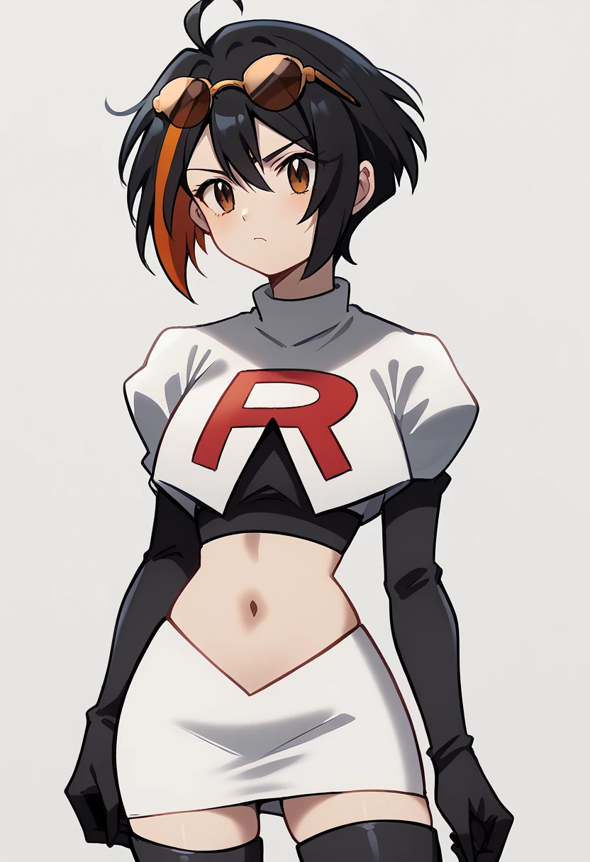 (score_9,score_8_up,score_7_up,),uncensored,DL_GQ,solo,1girl,black hair,eyewear on head,multicolored hair,short hair,red hair,brown eyes,ahoge,streaked hair,team rocket,team rocket uniform,white skirt,red letter R,crop top,black thigh-highs,black elbow gloves,cowboy_shot,