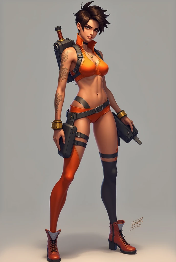 Kinessa,short brown hair, red eyes ,toned ,dark skin, abs, standing, smiling, bendover, cameltoe, solo
Kigear, bandaid on face,midriff,fingerless gloves,belt with a skull,boots,  orange bikini, grabbing own, ass, hands on ass, buttlift,
snow mountain,
(insanely detailed, beautiful detailed face, masterpiece, best quality)     <lora:Kinessa-10:0.7> <lora:ButtLiftV12:0.8>