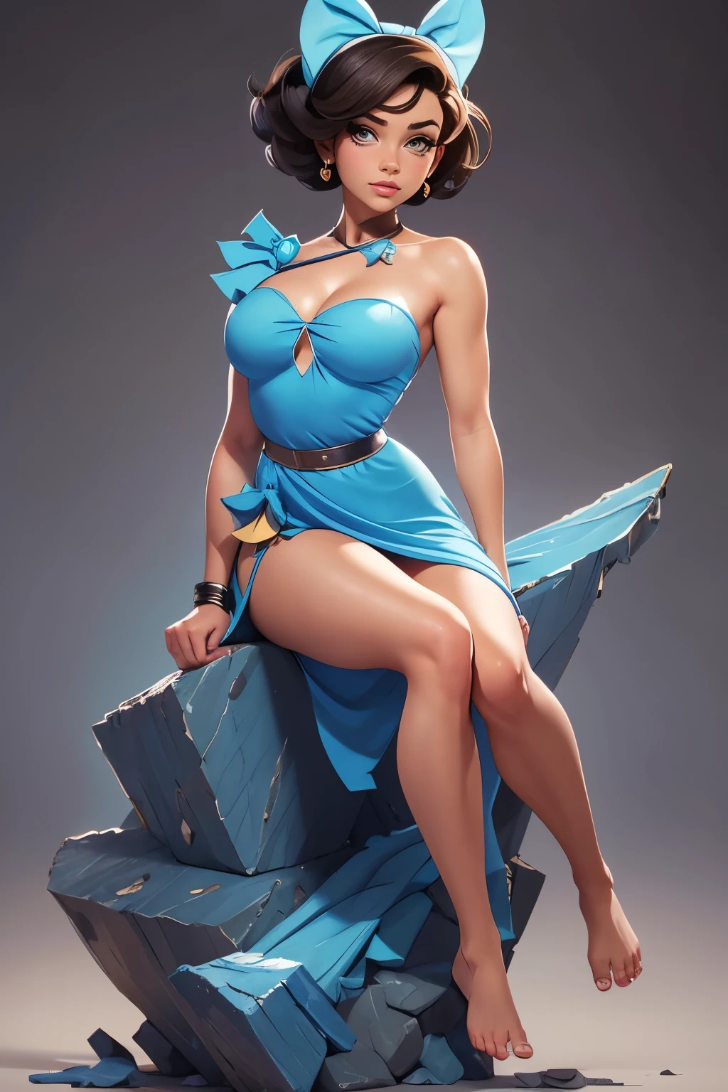 ( best quality:1.1), ( masterpiece :1.1), betty Rubble, short hair, Hair bow, barefoot, Medium breasts, media , narrow waist , ( leaning forward :1.1), looking at the viewer, Tattered blue animal dress like him, background idade da pedra, Info