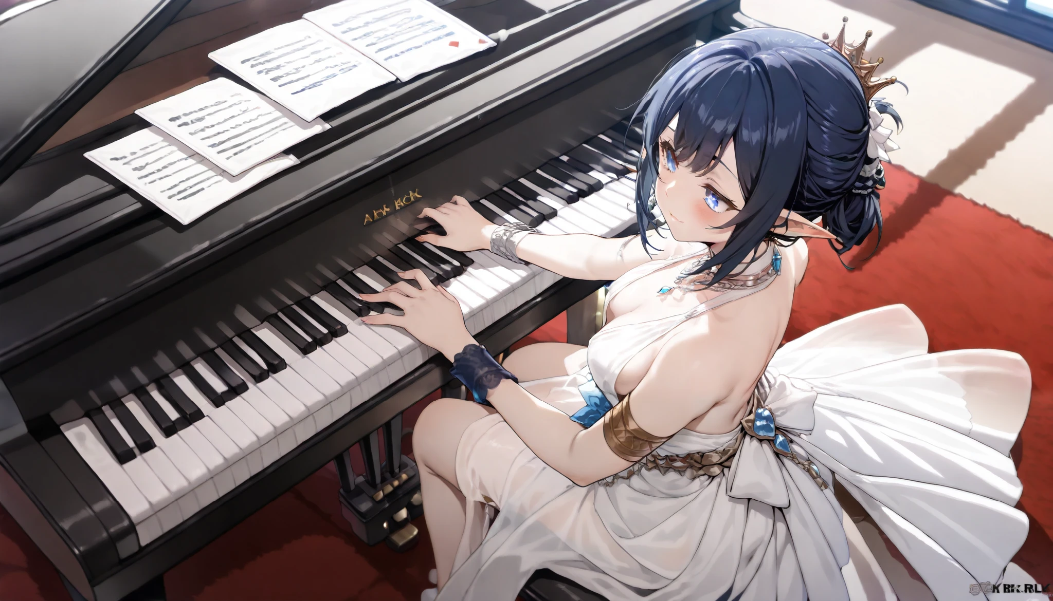 ((Best quality, 8k, Masterpiece: 1.3)), Sharp focus A beautiful woman with perfect body, Highly detailed face and skin texture, (Detailed eyes), dark blue hair, tied hair, jewelry, pointy ears, cinematic lighting, backlighting, from above, pianist, grand piano, Playing Beethoven's "Moonlight", concert venue, Evening gown, dress, Silk costume, Solo Performance, Quiet atmosphere, moonlight pouring in through the window