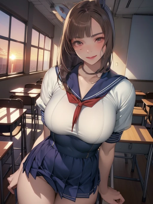 (8k, realistic ,  table top in bed,  top quality ,  RAW photo:1.3)、 One Girl , 18 years old,Alone, high school girl,  beautiful face down to the smallest detail,  attractive face , ( beautiful brown eyes small details I admire :1.2),  medium breasts,( Under Bust :1.0),( covered nipples:0.99),(Loose sailor suit :1.35), ( Slim beautiful body : 1.4),(  Enchanting Poses :1.3), ( viewers who have Miku, Front View, eyes focus:1.2),   detailed background, (sunset:1.2), classroom, Details,  complicated details,   ray tracing,  Depth of Written Boundary,  charming smile ,classroom,