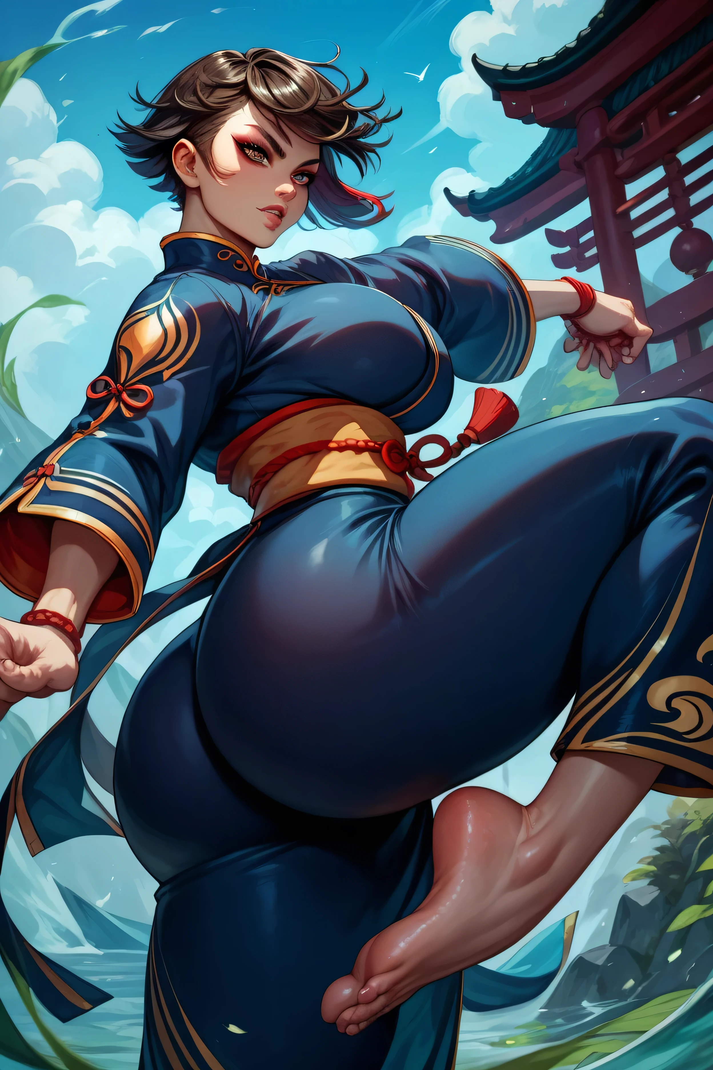 1 ,  short hair,  Big breasts ,  big ass,  thick thighs , Kung fu clothes