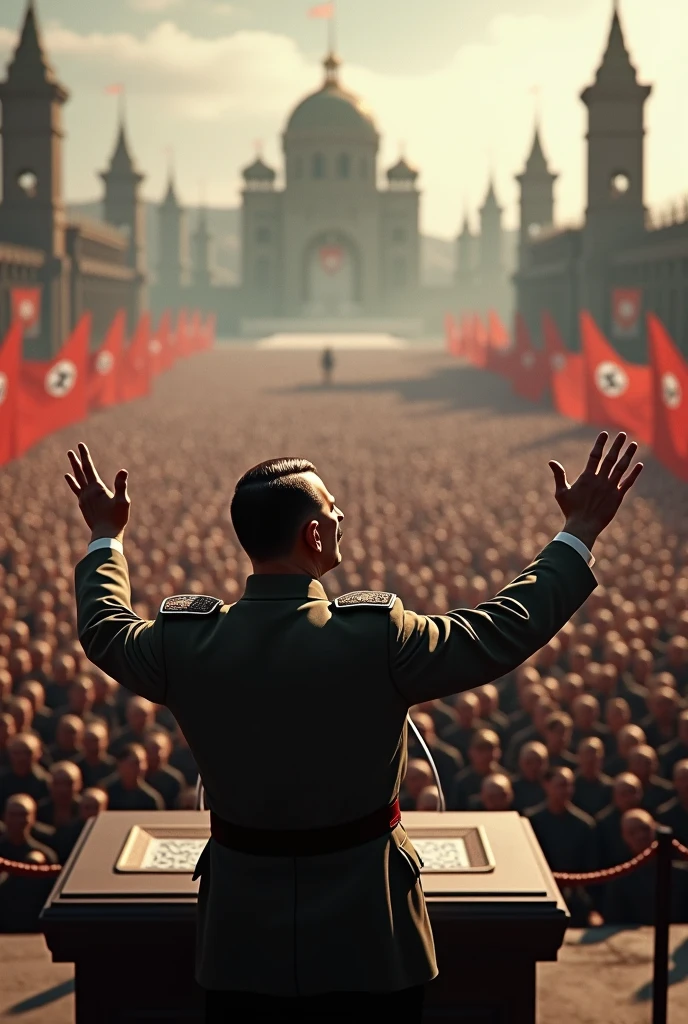 Adolf Hitler giving a speech to a crowd.