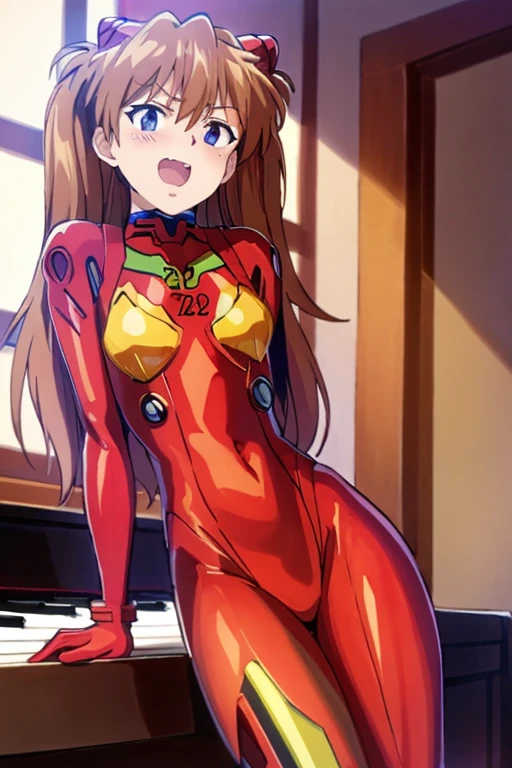 (( top quality )), ((masterpiece)), (be familiar with),  perfect face, indoor, bedroom, Watching viewers,
One woman,  Soryu Asuka Langley,
 open mouth,  ecstatic expression beside the piano, blush, smile,
 small tits,  flat chest, Young girl, Lori,  s,  girl,
 long hair,  twin tails,
Leg spread,