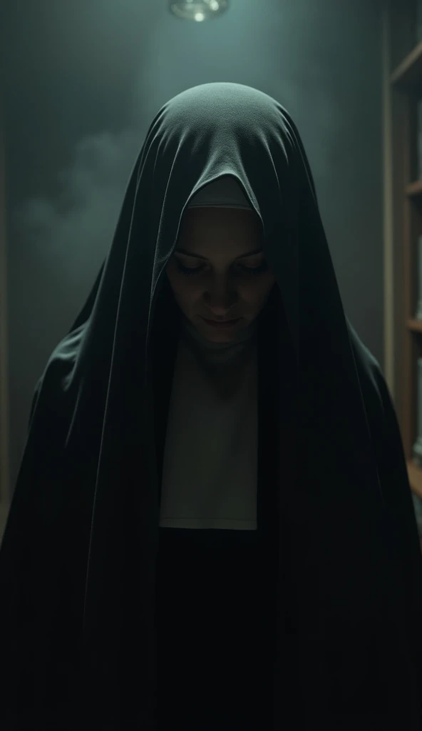 A nun walking in a dense and eerie forest at night, shrouded in mist, close-up shot, ultra-realistic, and a horror atmosphere. The scene is already enveloped in darkness, with the night fully settled, and the camera captures an intense close-up of the nun's face.