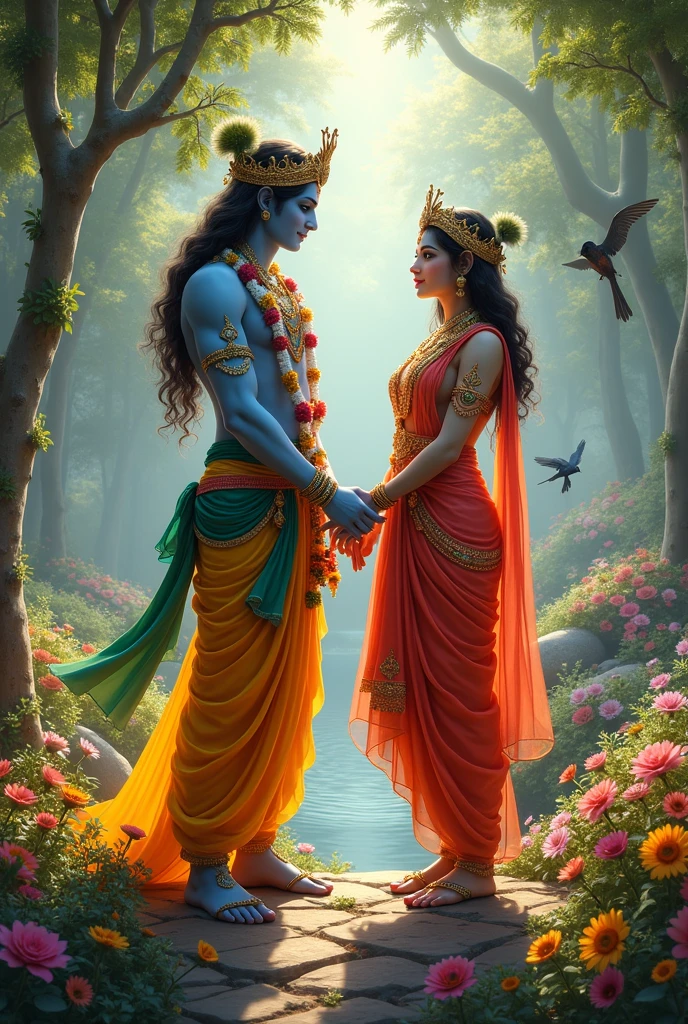 Lord krishna Radha hot sexy 20 years old in village, create high quality realistic image, Landscape of a village, bight sky, vibrant colors, looking with smile, environment is background is of garden, image should ultra clear, hyper realistic, high quality 4k , peacock and birds