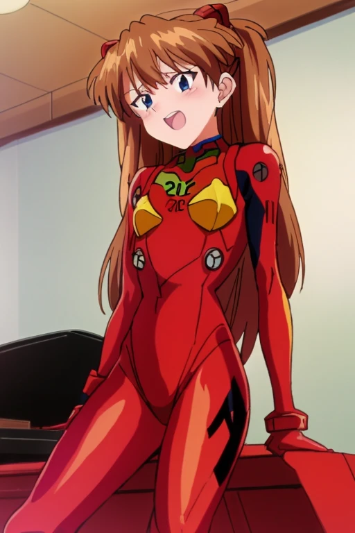 (( top quality )), ((masterpiece)), (be familiar with),  perfect face, indoor, bedroom, Watching viewers,
One woman,  Soryu Asuka Langley,
 open mouth,  ecstatic expression beside the piano, blush, smile,
 small tits,  flat chest, Young girl, Lori,  s,  girl,
 long hair,  twin tails,
Leg spread,