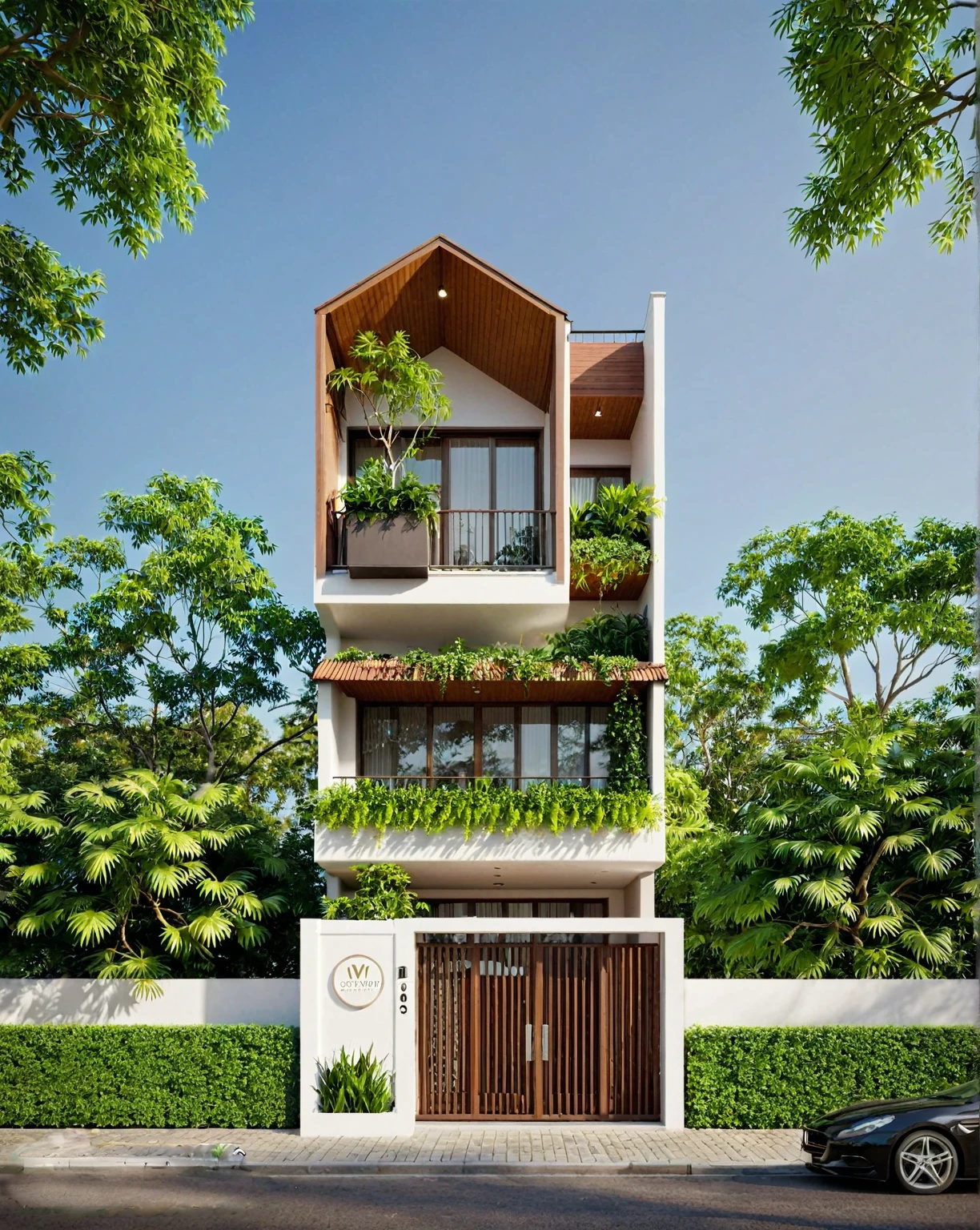  Modern design template , youthful,  green balcony  ,  brown dominant color combined with white , brown gateway , ivory background