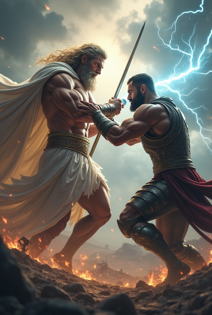 Zeus, the enemy, shoots lightning at Hercules, who protects himself with his shield.
