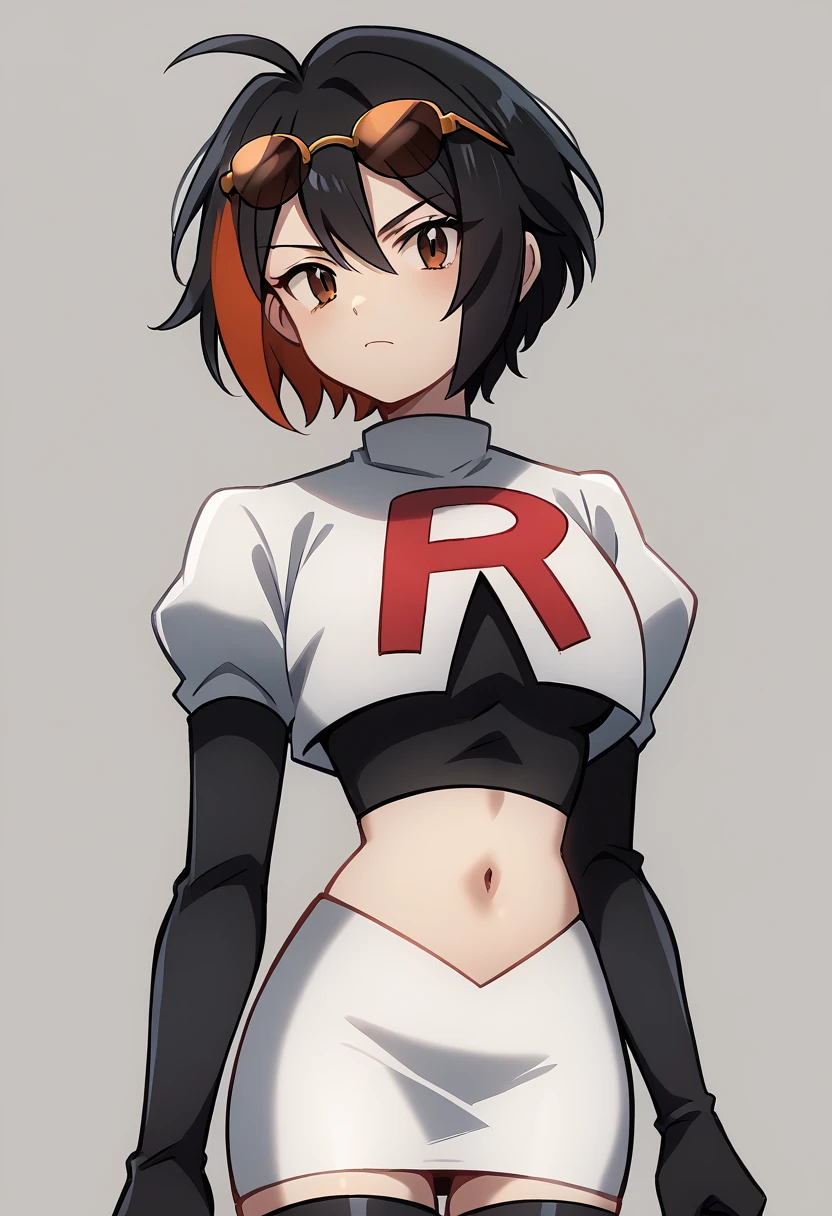 (score_9,score_8_up,score_7_up,),uncensored,DL_GQ,solo,1girl,black hair,eyewear on head,multicolored hair,short hair,red hair,brown eyes,ahoge,streaked hair,team rocket,team rocket uniform,white skirt,red letter R,crop top,black thigh-highs,black elbow gloves,cowboy_shot,