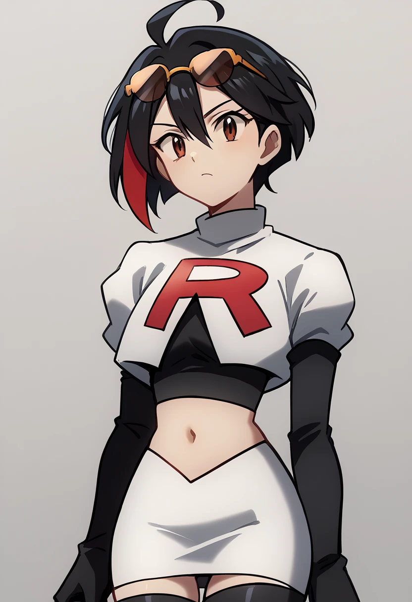 (score_9,score_8_up,score_7_up,),uncensored,DL_GQ,solo,1girl,black hair,eyewear on head,multicolored hair,short hair,red hair,brown eyes,ahoge,streaked hair,team rocket,team rocket uniform,white skirt,red letter R,crop top,black thigh-highs,black elbow gloves,cowboy_shot,