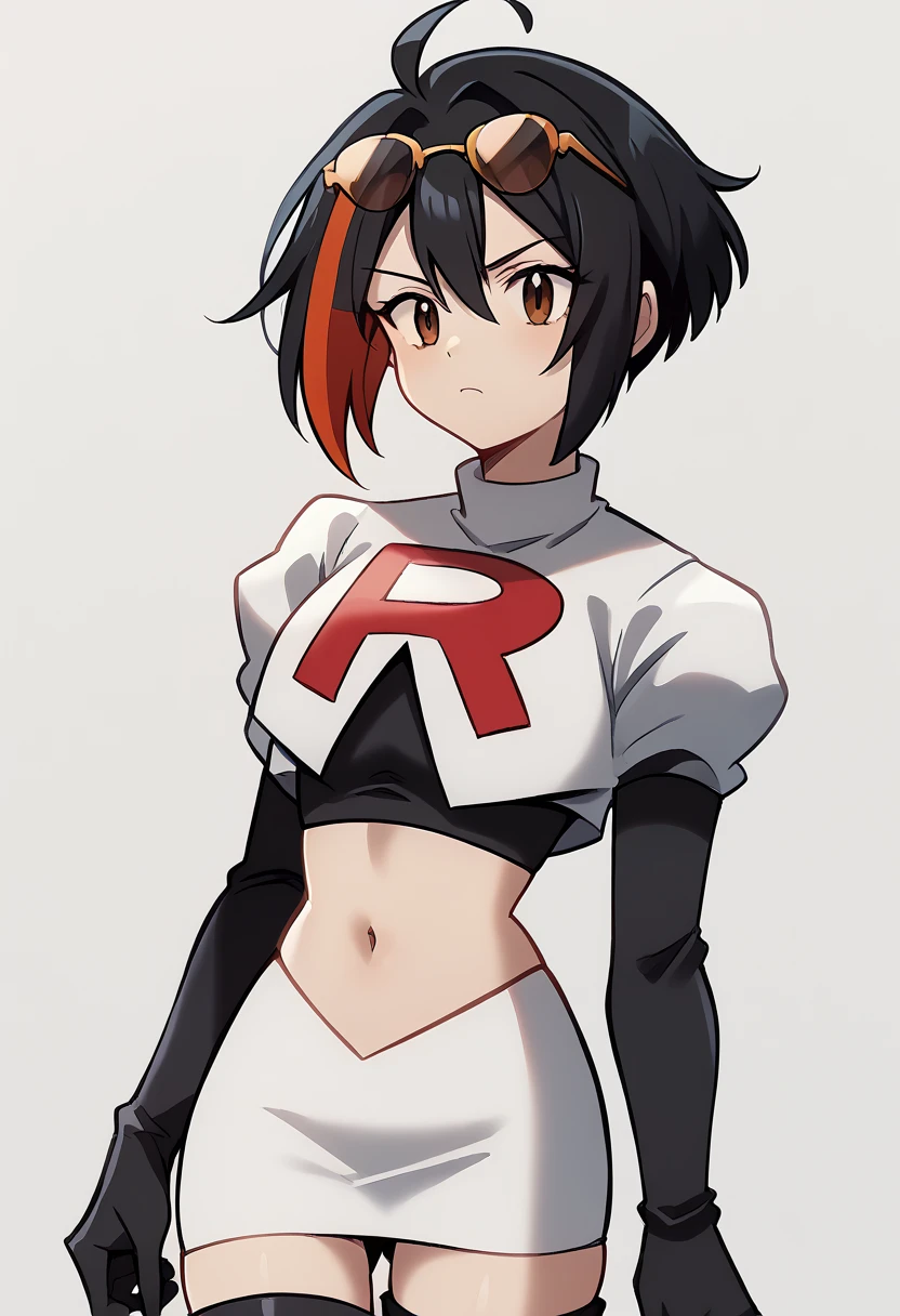 (score_9,score_8_up,score_7_up,),uncensored,DL_GQ,solo,1girl,black hair,eyewear on head,multicolored hair,short hair,red hair,brown eyes,ahoge,streaked hair,team rocket,team rocket uniform,white skirt,red letter R,crop top,black thigh-highs,black elbow gloves,cowboy_shot,