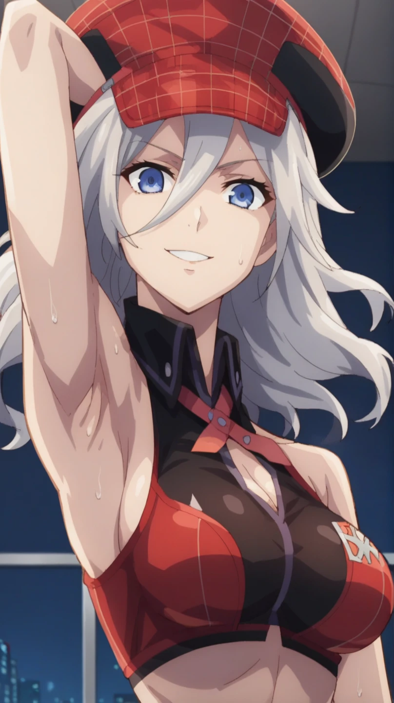 score_9, score_8_up, score_7_up, source_anime, anime screencap, 1girl, solo, alisa god eater, long hair, silver hair, wavy hair, alisa god eater outfit, large breasts, blue eyes, hat, red strap, midriff, under breasts, bangs, arm behind head, armpit, looking at viewer, head towards viewer, smile, badhandv4, indoors, night, bare shoulders, bare arms, from side, from below, sweaty armpits, elbow gloves, cleavage