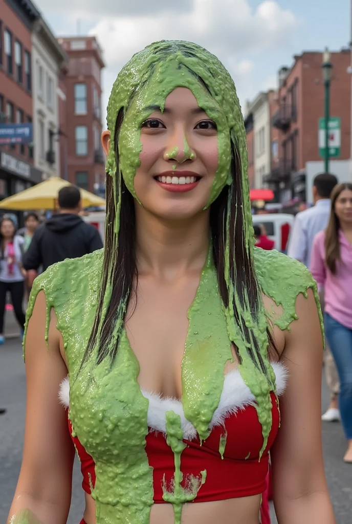 DSLR photograph. Beautiful korean woman covered in green water. Photorealistic. Wet liquid. Nasty slime. Raw photo. New York City streets. Daytime. Green Slime. Dripping green goo. 21 years old. (Korean: 1.2). Green water. Portrait photo. Beautiful Korean face. Santababe. Santa dress. Cleavage.