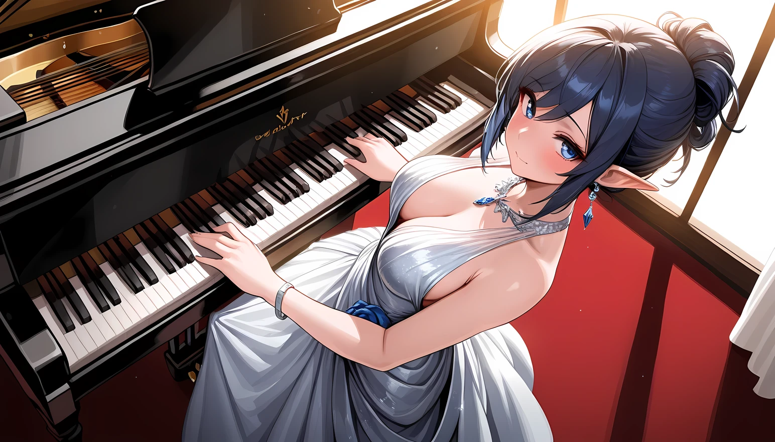 ((Best quality, 8k, Masterpiece: 1.3)), Sharp focus A beautiful woman with perfect body, Highly detailed face and skin texture, (Detailed eyes), dark blue hair, tied hair, jewelry, pointy ears, cinematic lighting, backlighting, from above, pianist, grand piano, Playing Beethoven's "Moonlight", concert venue, Evening gown, dress, Silk costume, Solo Performance, Quiet atmosphere, moonlight pouring in through the window