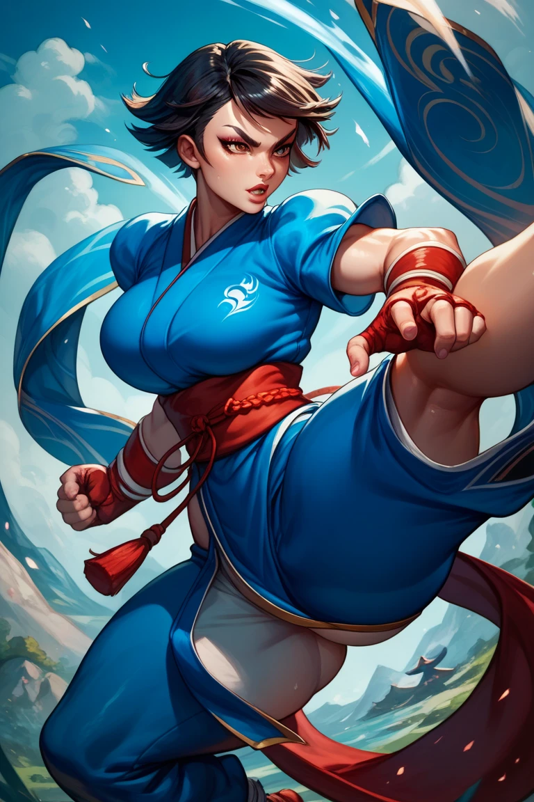 1 girl,  short hair,  Big breasts ,  big ass,  thick thighs , Kung fu clothes, fighting