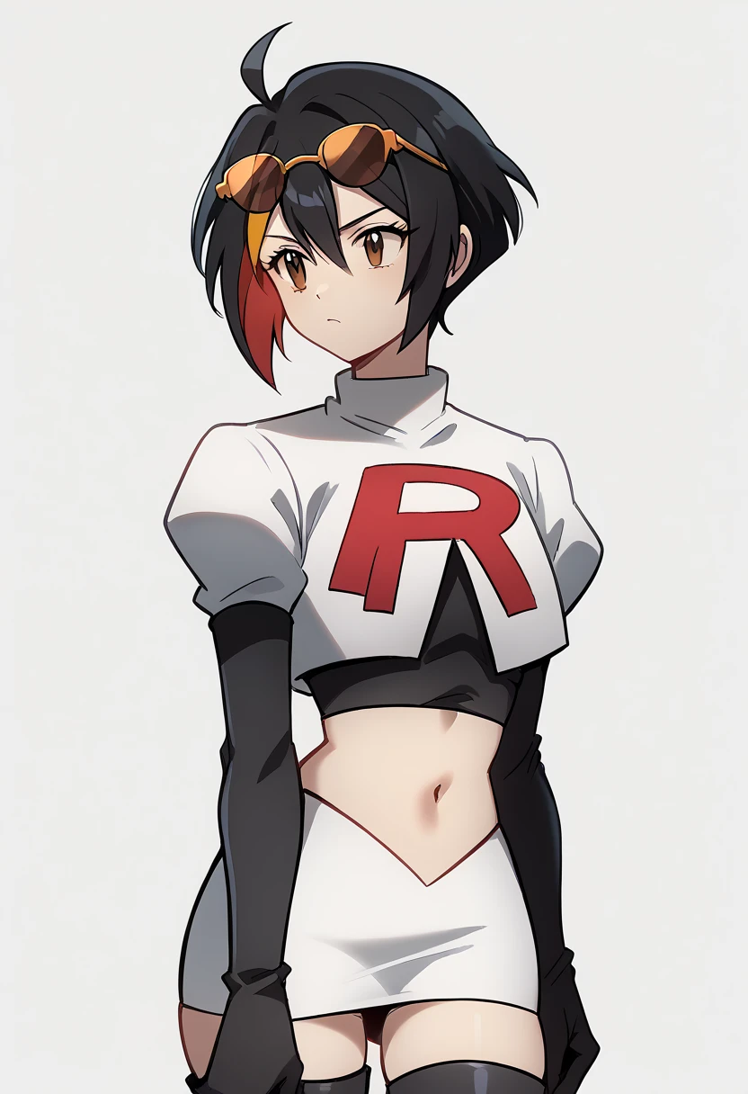 (score_9,score_8_up,score_7_up,),uncensored,DL_GQ,solo,1girl,black hair,eyewear on head,multicolored hair,short hair,red hair,brown eyes,ahoge,streaked hair,team rocket,team rocket uniform,white skirt,red letter R,crop top,black thigh-highs,black elbow gloves,cowboy_shot,