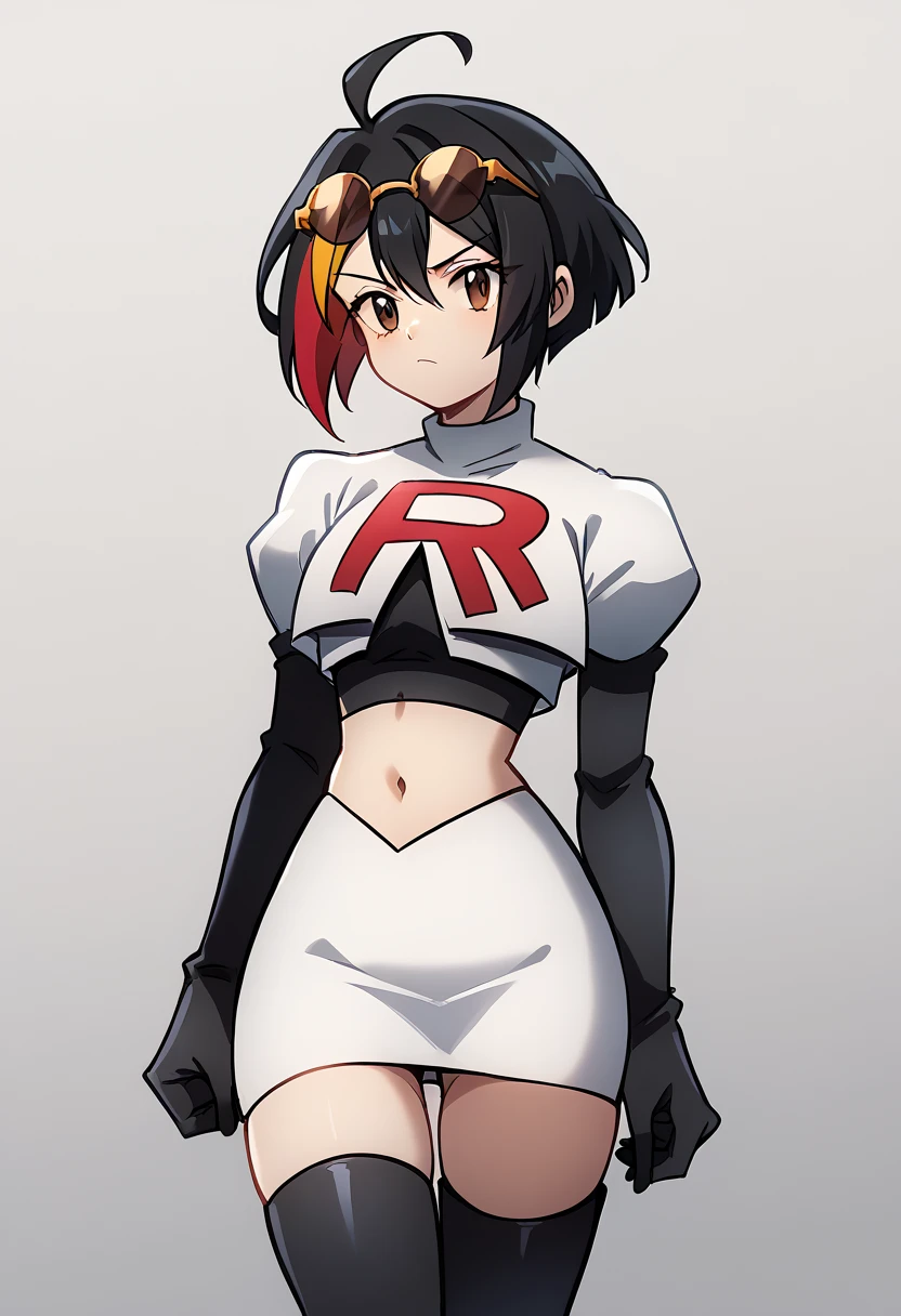 (score_9,score_8_up,score_7_up,),uncensored,DL_GQ,solo,1girl,black hair,eyewear on head,multicolored hair,short hair,red hair,brown eyes,ahoge,streaked hair,team rocket,team rocket uniform,white skirt,red letter R,crop top,black thigh-highs,black elbow gloves,cowboy_shot,