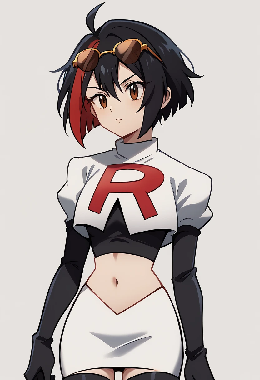 (score_9,score_8_up,score_7_up,),uncensored,DL_GQ,solo,1girl,black hair,eyewear on head,multicolored hair,short hair,red hair,brown eyes,ahoge,streaked hair,team rocket,team rocket uniform,white skirt,red letter R,crop top,black thigh-highs,black elbow gloves,cowboy_shot,