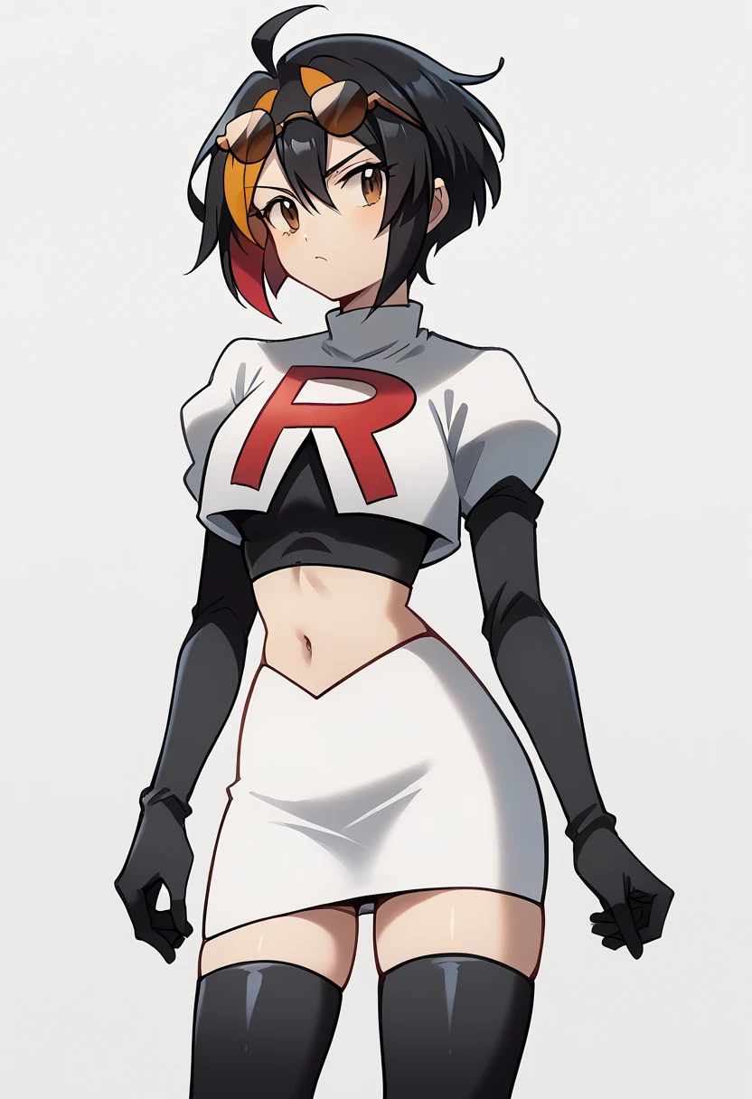 (score_9,score_8_up,score_7_up,),uncensored,DL_GQ,solo,1girl,black hair,eyewear on head,multicolored hair,short hair,red hair,brown eyes,ahoge,streaked hair,team rocket,team rocket uniform,white skirt,red letter R,crop top,black thigh-highs,black elbow gloves,cowboy_shot,