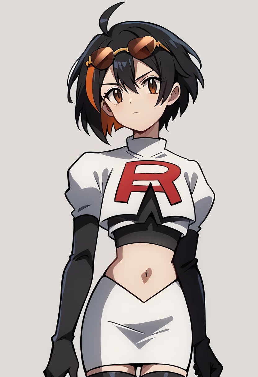 (score_9,score_8_up,score_7_up,),uncensored,DL_GQ,solo,1girl,black hair,eyewear on head,multicolored hair,short hair,red hair,brown eyes,ahoge,streaked hair,team rocket,team rocket uniform,white skirt,red letter R,crop top,black thigh-highs,black elbow gloves,cowboy_shot,