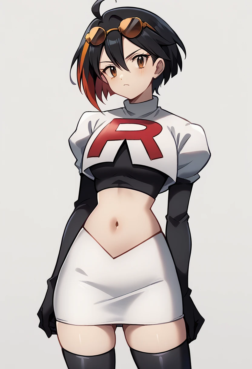 (score_9,score_8_up,score_7_up,),uncensored,DL_GQ,solo,1girl,black hair,eyewear on head,multicolored hair,short hair,red hair,brown eyes,ahoge,streaked hair,team rocket,team rocket uniform,white skirt,red letter R,crop top,black thigh-highs,black elbow gloves,cowboy_shot,