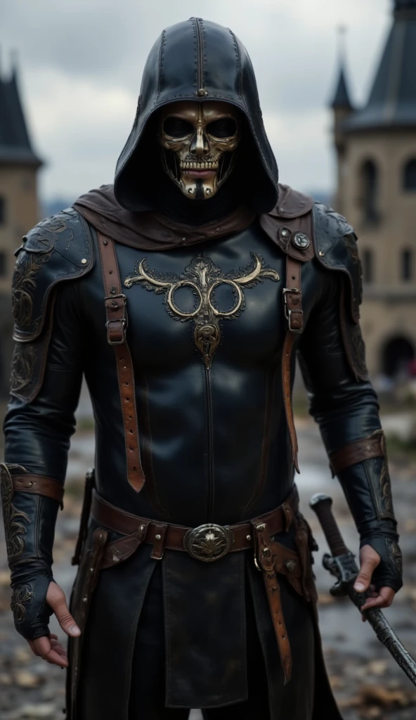 A full-body image of a muscular adult male.black leather full-body image 、face mask and mask hood, .black Skull Tactical Messenger Face Mask.a hooded person in invisible armor . wears leather armor, Tights.epic ninja suit, rogue.Leather fit to cover the whole body. smooth leather .Boy Teenage Assassin , stealth suit , Another World assassin , stand on the roof of a castle. . black night . Dark atmosphere .Low light.Weak lights cast dramatic shadows. Weird Another World atmosphere . Another World city. .whole body image.Handheld composite mechanical giant bow.full body photo.FANTASY
