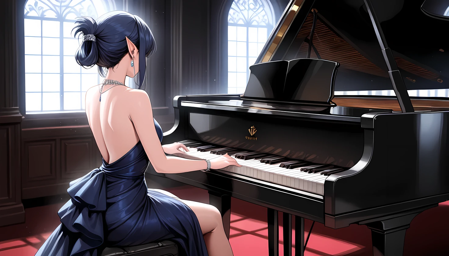 ((Best quality, 8k, Masterpiece: 1.3)), Sharp focus A beautiful woman with perfect body, Highly detailed face and skin texture, (Detailed eyes), dark blue hair, tied hair, jewelry, pointy ears, cinematic lighting, backlighting, pianist, grand piano, playing piano, Playing Beethoven's "Moonlight", concert venue, Evening gown, dress, Silk costume, Solo Performance, Quiet atmosphere, moonlight pouring in through the window, at night