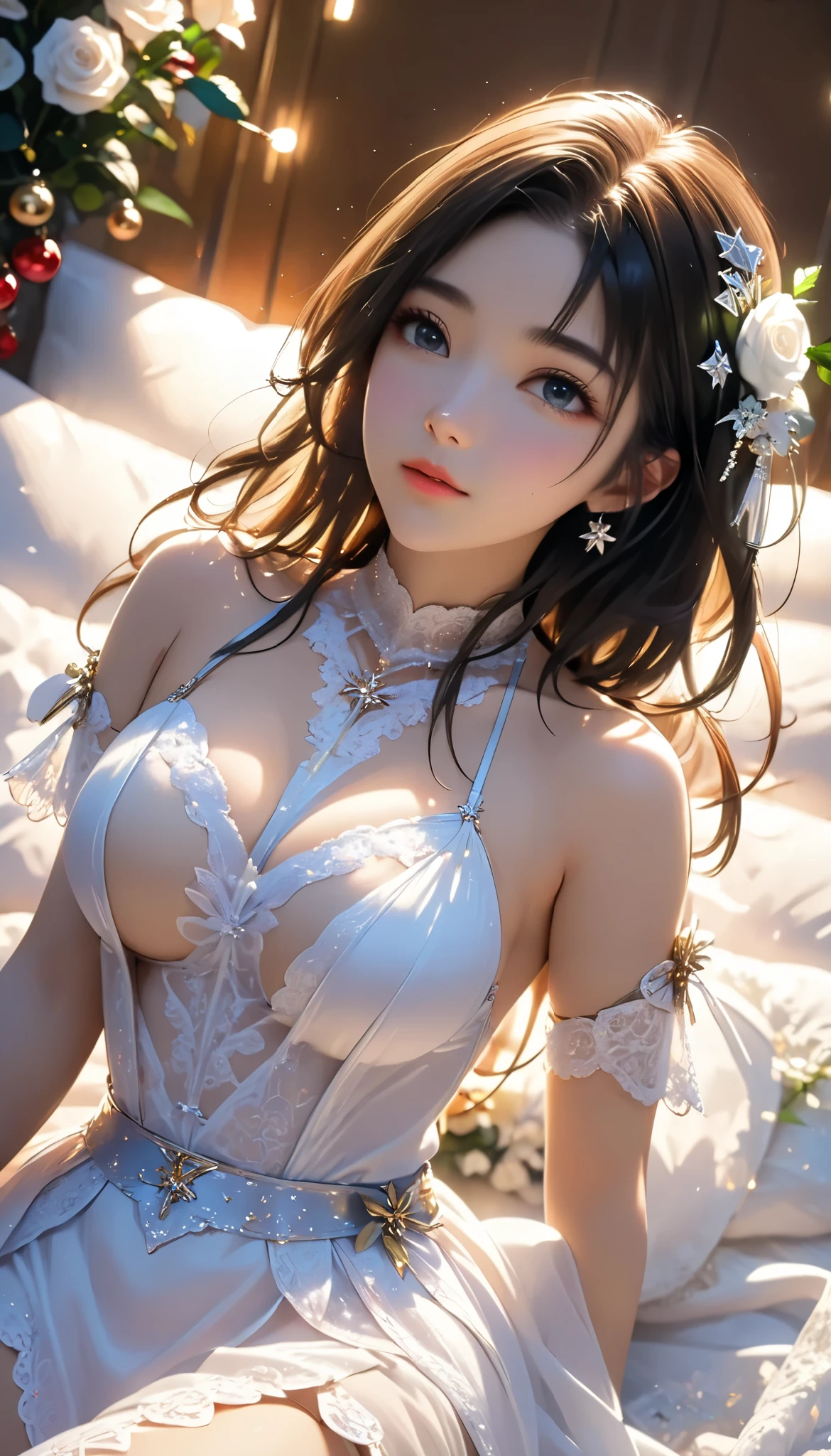 (1girl:1.3), cinematic light,  (masterpiece, top quality, best quality, official art, beautiful and aesthetic:1.3), extreme detailed,highest detailed,(ultra-detailed),((an extremely delicate and beautiful)), night time, From above,(( lying on bed)), solo, breasts, small face, silky long hair, (brown hair), white Rose flowers scattered all over the bed, christmas decorations, (christmas costume:1.6), black-Lace-nightware, open breast, ,Accurate hand expression