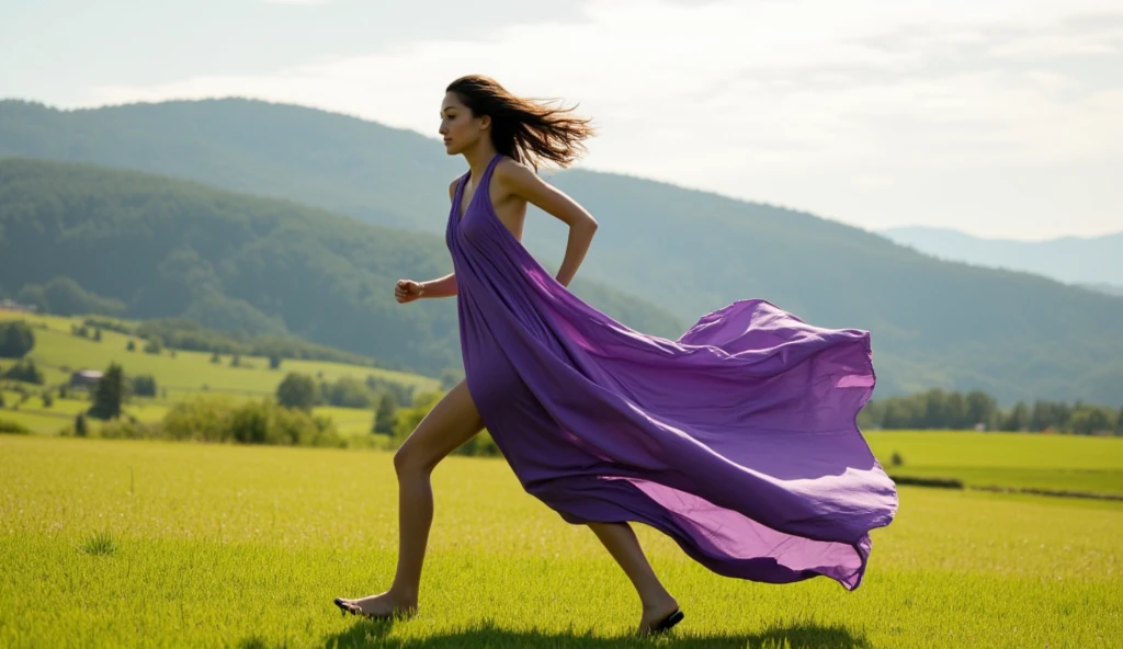 a woman running with a purple dress