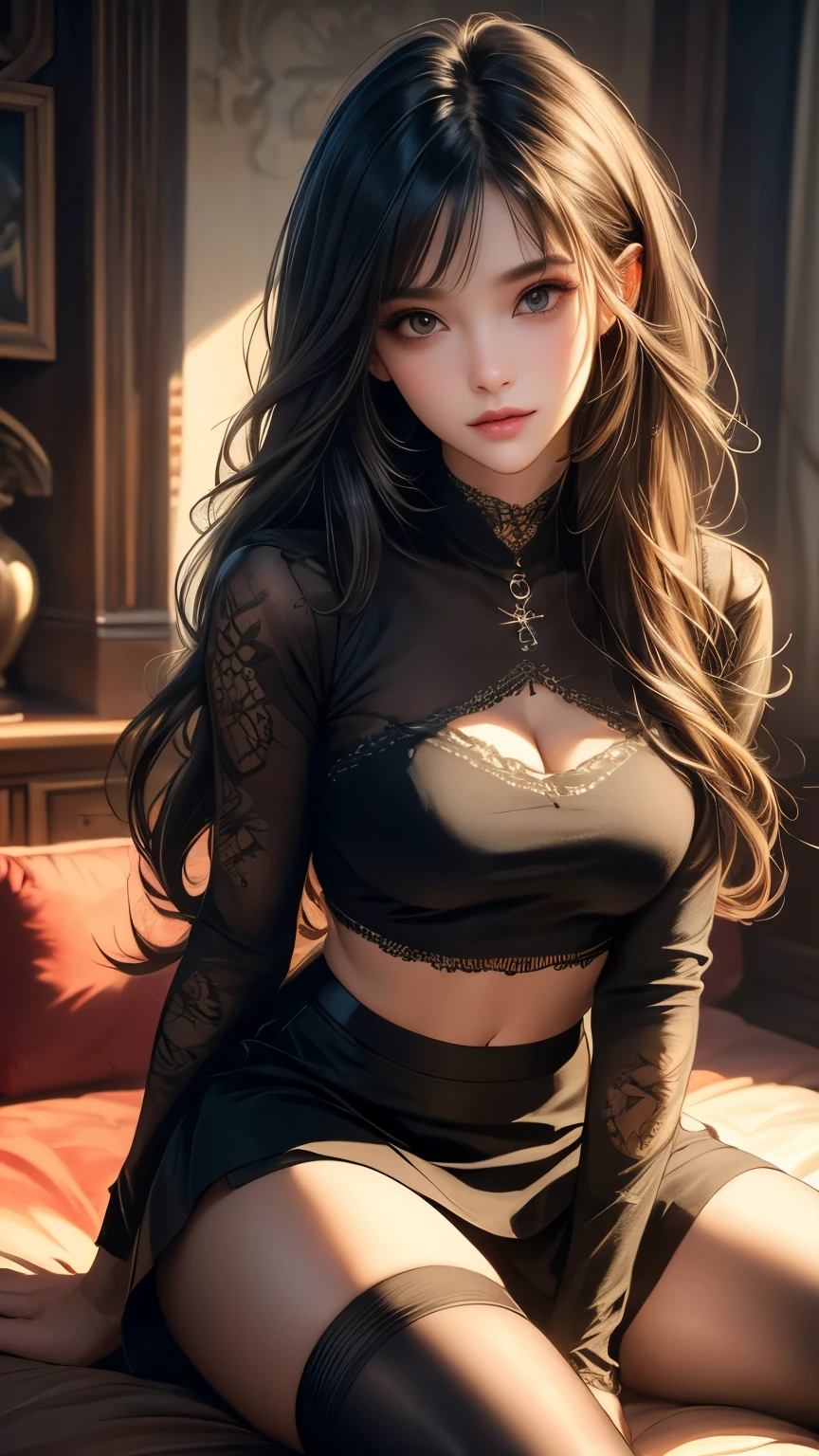 +masterpiece, Best quality, Looks super detailed, (((masterpiece))), (8k), (pseudo realism), (intricate details), (full focus), (full body photo), 1female, mafia, wavy black hair, hair shaven on one side and swept to the other, bright grey eyes, sennia skin, toned build, tattoos on chest + arms + neck, wearing short skirt + a crop top + thigh-high boots, sitting on a lounge sofa, dark nightclub background, soft light focus, seductive gaze, beautiful features, beautiful, confident, sexy, realistic, (EyesHD: 1.5), (masterpiece), (best quality), (ultra-detailed), (very aesthetic), (sharp focus), (depth of field), (vibrant colors), (ray tracing), (best lighting), detailed illustration), (detailed background), 8k, (cinematic), (beautiful face), (beautiful eyes), realistic facial features, detailed features, realistic features, defined features, detailed hair, semi-realistic style, semi-realistic, attractive features, masculine, dark colors, dark lighting, painted style, detailed style