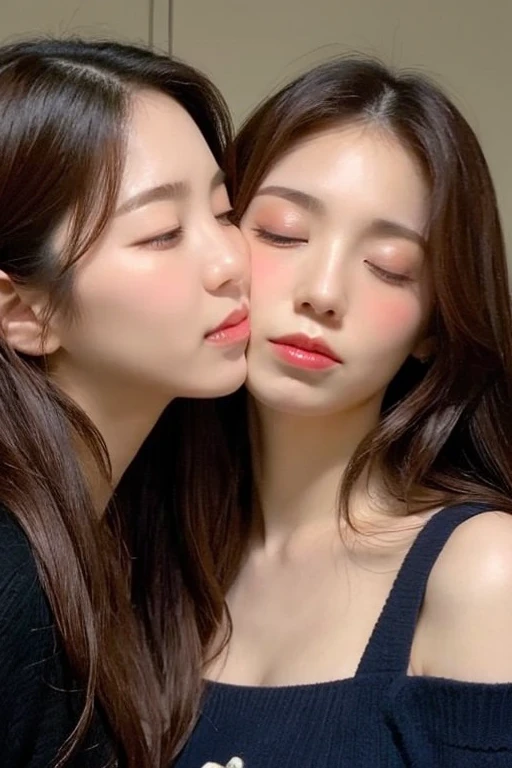 Attractive woman getting kissed on the neck by a sexy woman、 close your eyes、