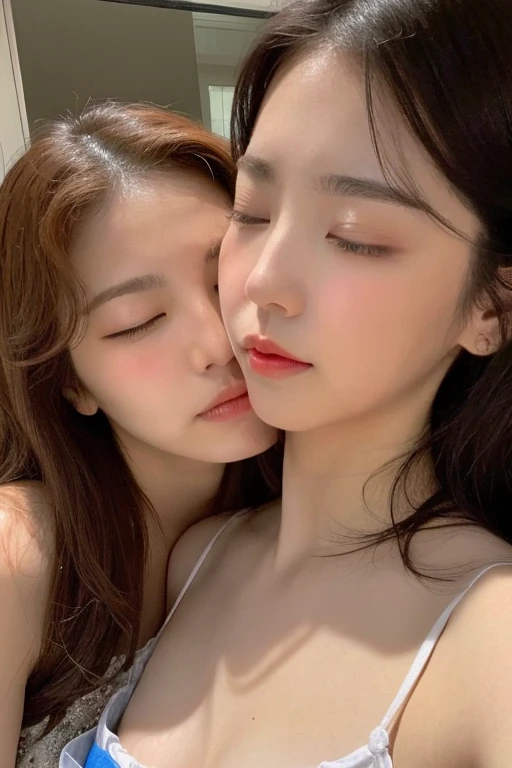 Attractive woman getting kissed on the neck by a sexy woman、 close your eyes、