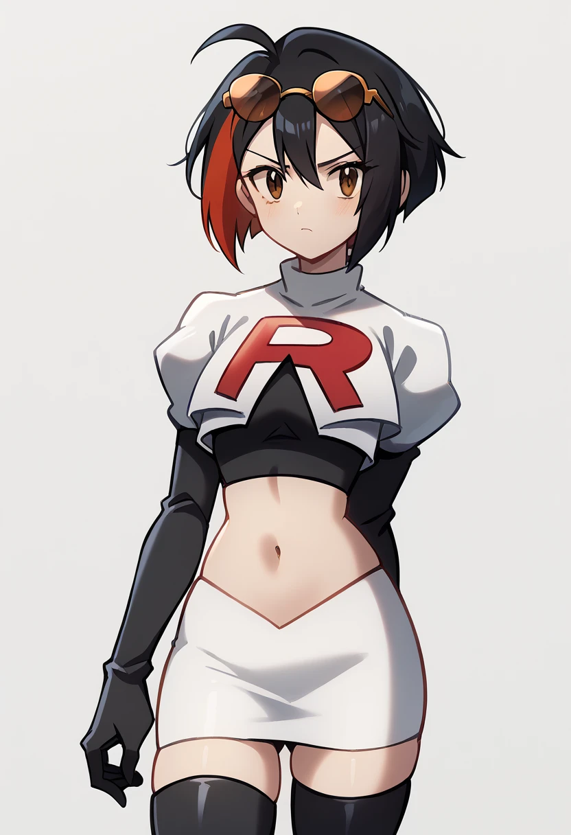 (score_9,score_8_up,score_7_up,),uncensored,DL_GQ,solo,1girl,black hair,eyewear on head,multicolored hair,short hair,red hair,brown eyes,ahoge,streaked hair,team rocket,team rocket uniform,white skirt,red letter R,crop top,black thigh-highs,black elbow gloves,cowboy_shot,