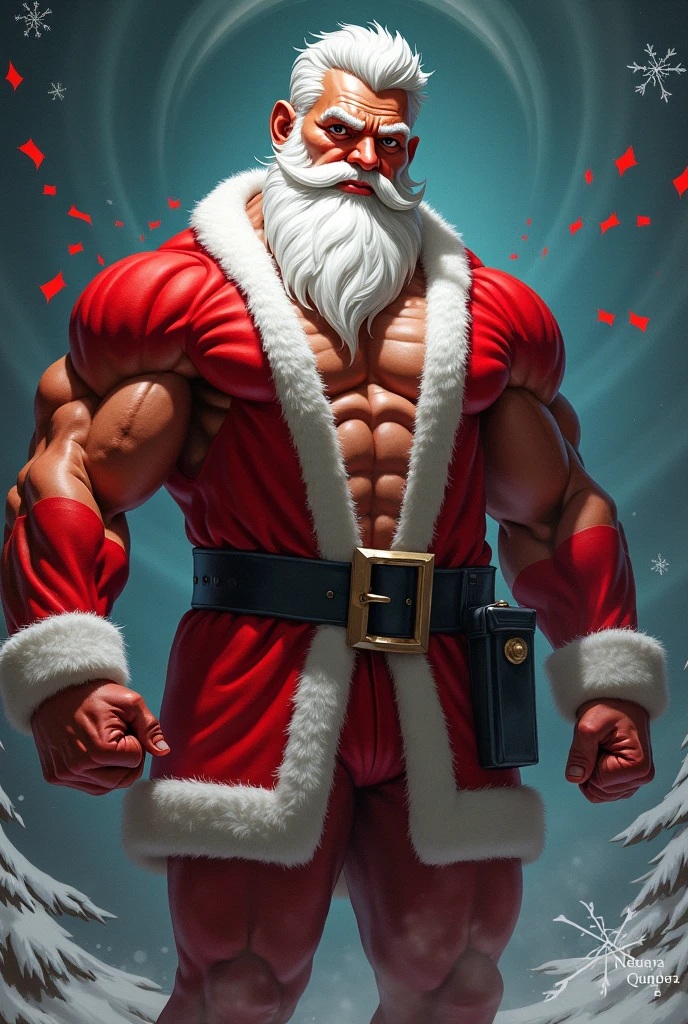 A giant Santa Claus becomes enraged and causes havoc in the city.、Generates a video depicting the destruction。. Santa Claus figure should have red eyes, The scene is very dynamic with comic style speed lines.、Must convey a sense of intense and rapid movement。, masutepiece, High quality,