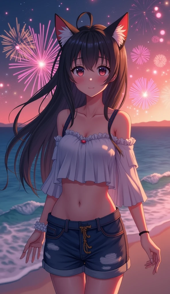 、moon、Starry Sky、firework、Ocean、Sandy Beach、(Realistic Shadows)straight-on、breast focus、Twin tails、White scrunchie、Long Hair、(colored inner hair　black hair + pink inner hair)、Blue eyes、、medium breasts、stylish pose、smile、A good wink(Drunk:1.2)head tiltskinny　、slim wais、 White micro bikini
