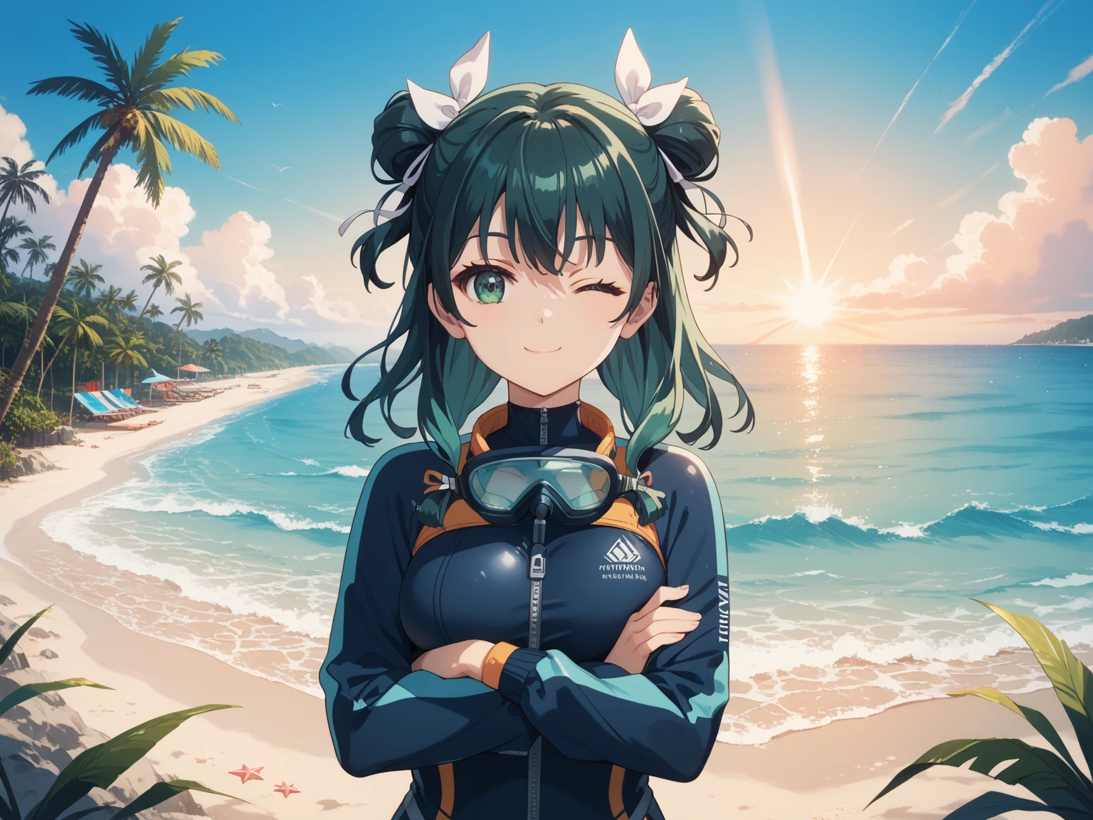 1 girl, female anime, black with blue line wetsuit, diving mask with snorkel, seaside,masterpiece,best quality,amazing quality,very aesthetic,high resolution,ultra-detailed,newest,scenery, palm_trees, solo, buns hair, breasts, looking at viewer, smile, bangs, green_hair, hair ribbon, hair between eyes, closed_mouth, white ribbon, green_eyes, full body, multicolor_hair, two-tone_hair, volumetric_lighting, crossed arms, one eye closed, bun hairsryle