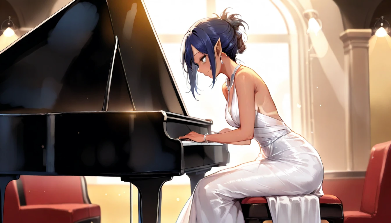 ((Best quality, 8k, Masterpiece: 1.3)), Sharp focus A beautiful woman with perfect body, Highly detailed face and skin texture, (Detailed eyes), dark blue hair, tied hair, jewelry, pointy ears, cinematic lighting, backlighting, pianist, grand piano, playing piano, Playing Beethoven's "Moonlight", concert venue, Evening gown, dress, Silk costume, Solo Performance, Quiet atmosphere, moonlight pouring in through the window, at night, tanned skin, dark skin