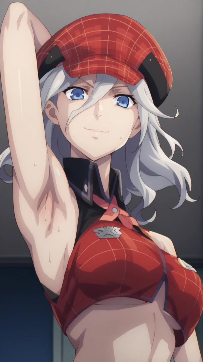 score_9, score_8_up, score_7_up, source_anime, anime screencap, 1girl, solo, alisa god eater, long hair, silver hair, wavy hair, alisa god eater outfit, large breasts, blue eyes, hat, midriff, underboobs, bangs, arm behind head, armpit, looking at viewer, head towards viewer, smile, badhandv4, indoors, night, bare shoulders, bare arms, from side, from below, sweaty armpits, elbow gloves