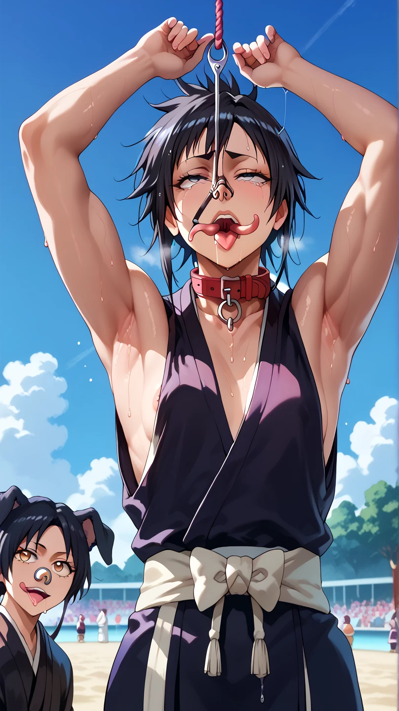 a picture, inspired by Kentaro Miura, trending on pixiv, soifon from bleach, black uniform, favorite scene, fine details, skins, sweating, small breasts, both hands raised, armpits, (small head),armpits visible, dripping with sweat, more more sweat, ((Japanese clothes)),open mouth,rolling eyes,muscle,kneel down,open legs,For the audience, (muscle:1.2),Looking at the audience, tired, (small breasts),sexy body,perfect body,(drooling), tears, head wet, runny nose, black hair, (dog collar) ,transparent nose hook, tentacle in mouth,tentacle in ears. 