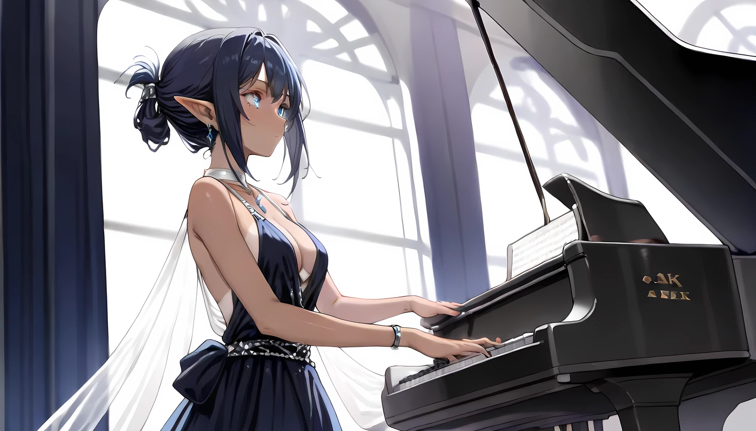 ((Best quality, 8k, Masterpiece: 1.3)), Sharp focus A beautiful woman with perfect body, Highly detailed face and skin texture, (Detailed eyes), dark blue hair, tied hair, jewelry, pointy ears, cinematic lighting, backlighting, pianist, grand piano, playing piano, Playing Beethoven's "Moonlight", concert venue, Evening gown, dress, Silk costume, Solo Performance, Quiet atmosphere, moonlight pouring in through the window, at night, tanned skin, dark skin