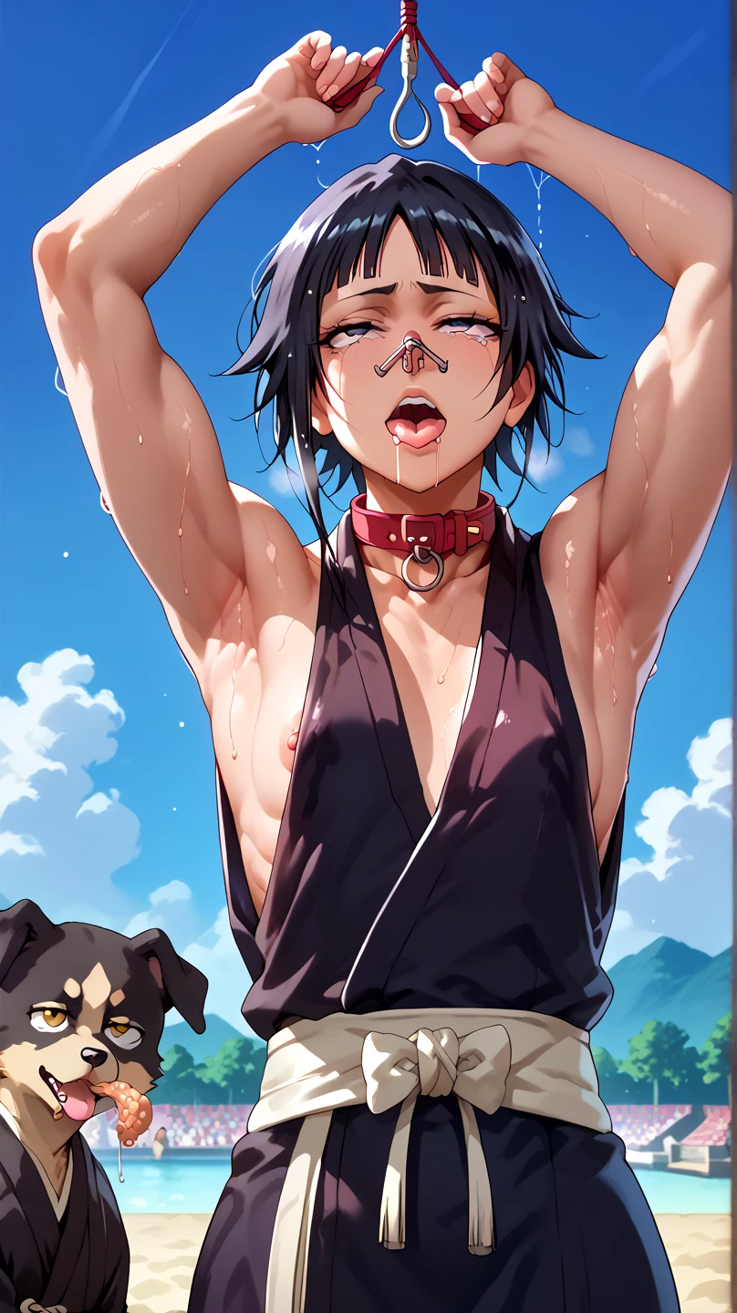 a picture, inspired by Kentaro Miura, trending on pixiv, soifon from bleach, black uniform, favorite scene, fine details, skins, sweating, small breasts, both hands raised, armpits, (small head),armpits visible, dripping with sweat, more more sweat, ((Japanese clothes)),open mouth,rolling eyes,muscle,kneel down,open legs,For the audience, (muscle:1.2),Looking at the audience, tired, (small breasts),sexy body,perfect body,(drooling), tears, head wet, runny nose, black hair, (dog collar) ,transparent nose hook, tentacle in mouth. 