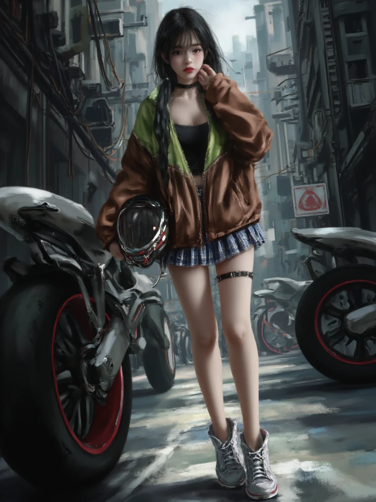 XUER guangying,1girl,solo,long hair,breasts,looking at viewer,bangs,skirt,shirt,black hair,long sleeves,holding,cleavage,standing,open clothes,shoes,choker,blue skirt,plaid,black shirt,thigh strap,black choker,plaid skirt,white footwear,helmet,ground vehicle,sneakers,bandaid,headwear removed,brown jacket,bandaid on face,red lips,bandaid on leg,green Fluorescent jacket,bandaid on knee,helmet removed,holding helmet,motorcycle helmet，

highly detailed,ultra-high resolution,32K UHD,sharp focus,best-quality,masterpiece,unconventional supreme masterpiece,masterful details,depth of field,blurry background,blurry foreground,motion blur,going really fast masterpiece,deep focus,
intricate details,soothing tones,high contrast,natural skin texture,soft light,sharp,masterpiece,best quality,(ray tracing),sunlight,
ultra-realistic,high dynamic range,photoreal,epic realistic,dark shot,shadows,(This is a real high-definition photo:1.1),with professional photography and high resolution，
contrast,layered colors,vivid colors,contrast,offcial art,movie perspective,very aesthetic,disheveled hair,perfect composition,intricate details,moody,epic,photorealistic,
color  graded cinematic,atmospheric  lighting,award  film grain,A shot with tension,(Visual impact,giving the poster a dynamic and visually striking appearance:1.2),impactful picture,Depth of field, insanely interplay between lights and shadows,
cool tones, soft lighting, fair and clear image, focused human image, shallow depth of field,