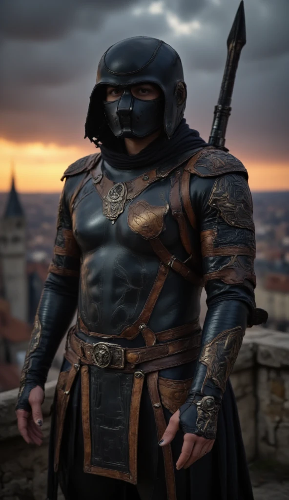 A full-body image of a muscular adult male.black leather full-body image 、face mask and mask hood, .black Skull Tactical Messenger Face Mask.a hooded person in invisible armor . wears leather armor, Tights.epic ninja suit, rogue.Leather fit to cover the whole body. smooth leather .Boy Teenage Assassin , stealth suit , Another World assassin , stand on the roof of a castle. . black night . Dark atmosphere .Low light.Weak lights cast dramatic shadows. Weird Another World atmosphere . Another World city. .whole body image.Handheld composite mechanical giant bow.full body photo.FANTASY
